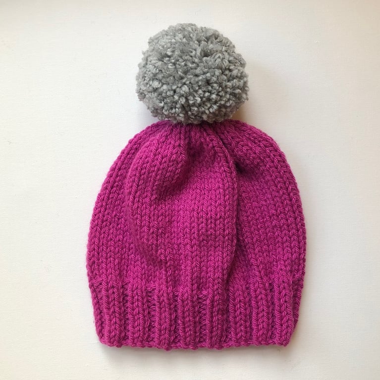 Bobble Hat in Pink Chunky Yarn with Grey Pom Pom