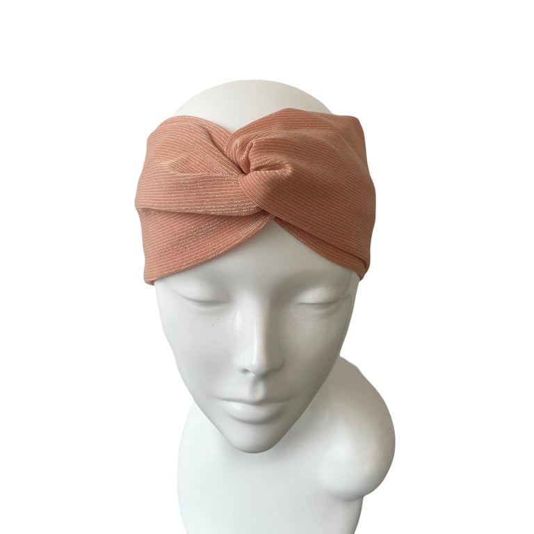 Blush pink gold metallic wide ribbed knit turban twist headband head wrap 