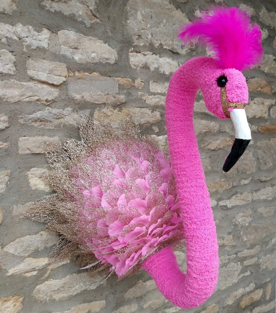Faux taxidermy funky pink Flamingo animal head wall mount