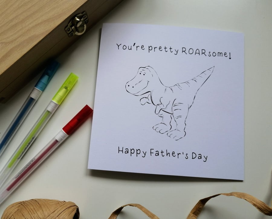 Colour your own father's day card, colour in card, roarsome Dinosur Card