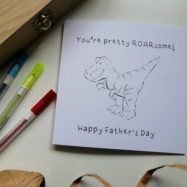 Colour your own father's day card, colour in card, roarsome Dinosur Card