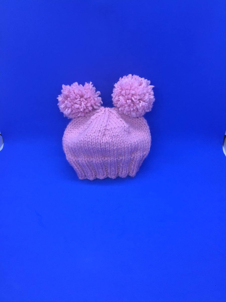 Double Pom Pom Hat Pale Pink Newborn 