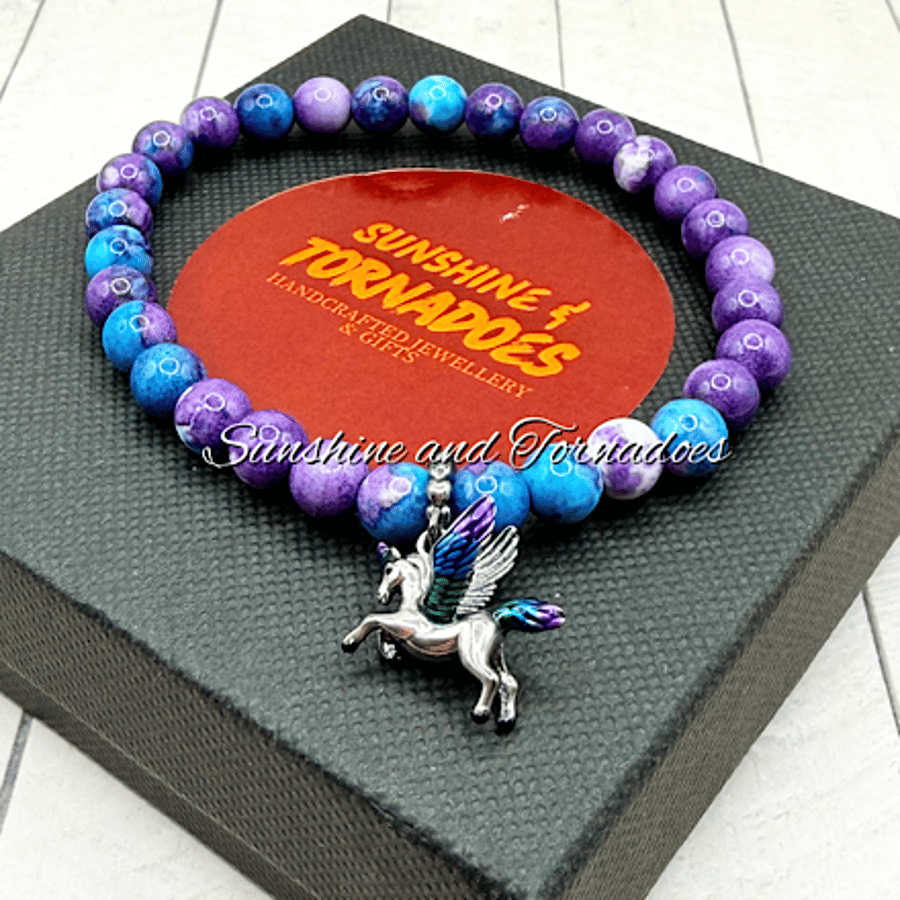 Purple Rain Jasper & Enamelled Unicorn Bracelet – Handmade Gemstone Jewellery UK
