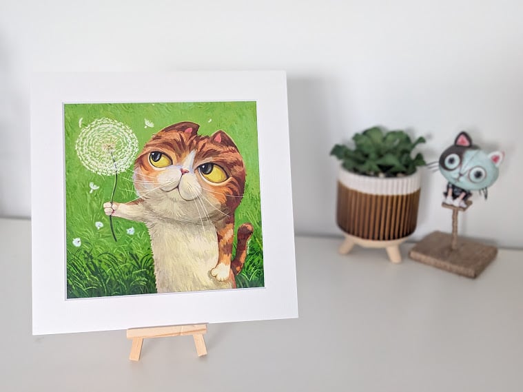  Cat with Dandelion Print in Mount  - Make a Wish