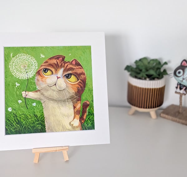  Cat with Dandelion Print in Mount  - Make a Wish