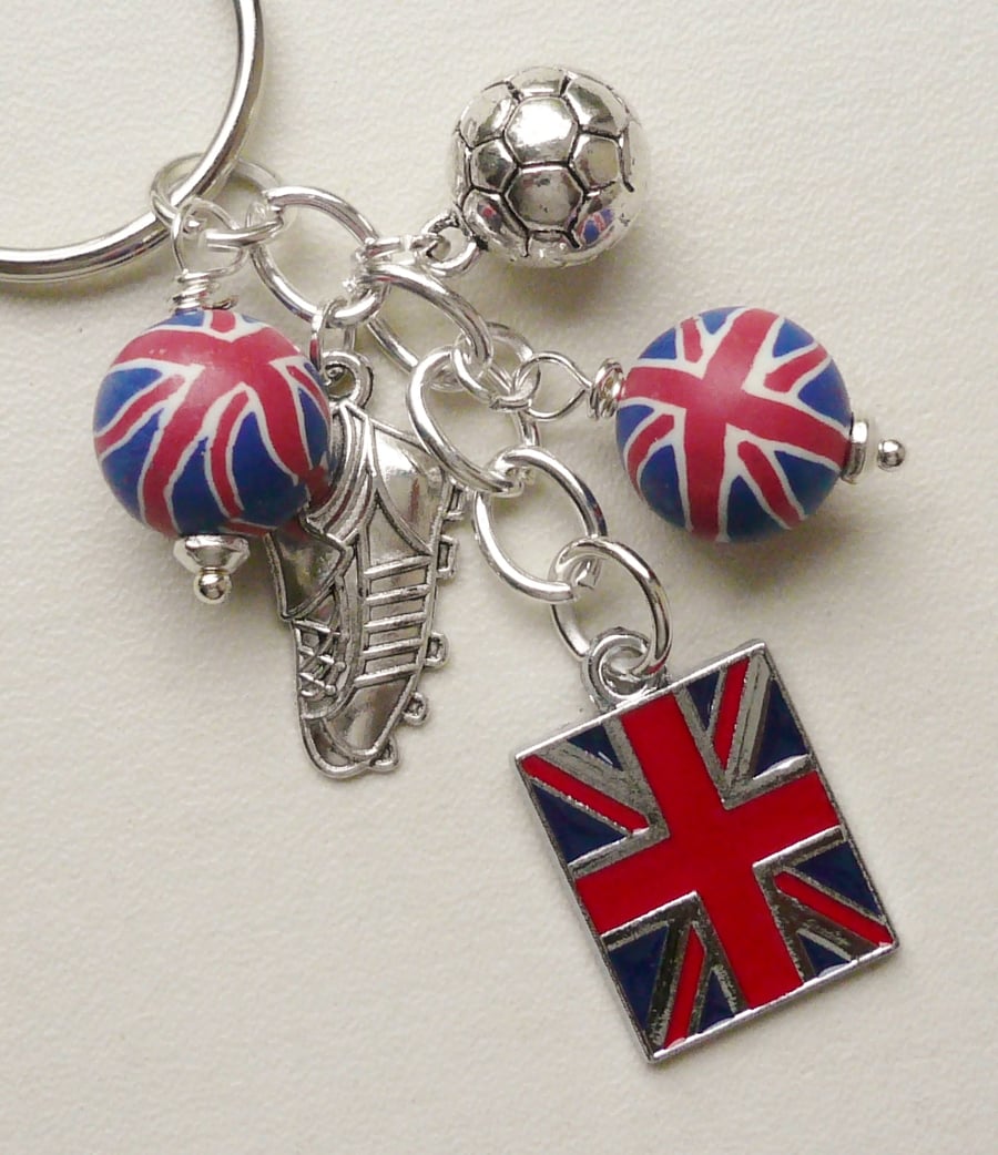 Keyring Red and Blue Union Jack Beaded Silver Football Themed   KCJ1752