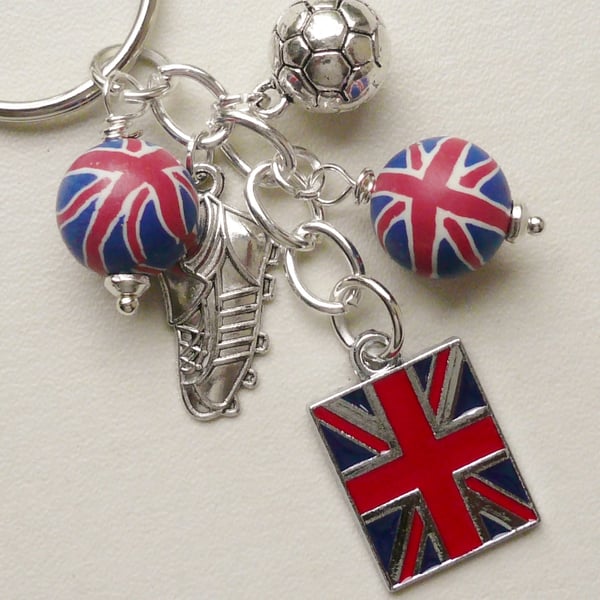 Keyring Red and Blue Union Jack Beaded Silver Football Themed   KCJ1752