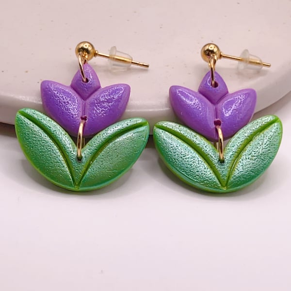 Purple tulip polymer clay earrings for her, Floral jewellery for spring lovers