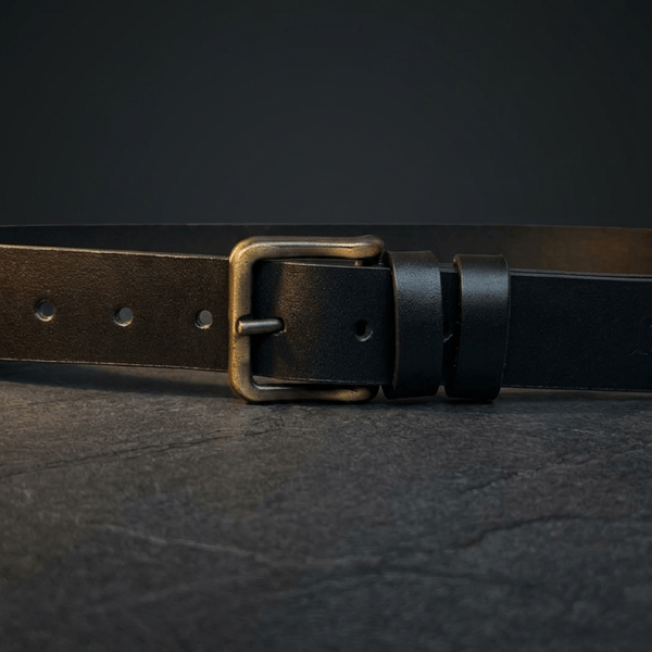 Vintage Aged Black Full Grain Leather Belt Distressed Buckle Mens Belt 38mm