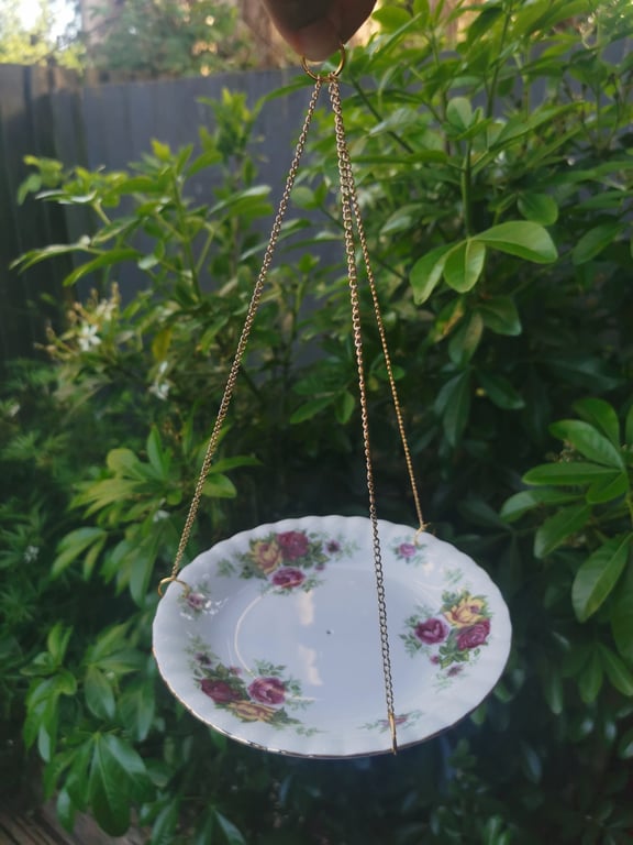 Upcycled Bone China Hanging Bird Feeder - Vintage Rose Garden Bird Feeder 