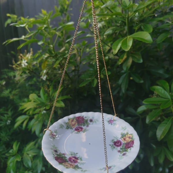 Upcycled Bone China Hanging Bird Feeder - Vintage Rose Garden Bird Feeder 