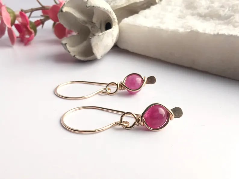 PINK TOURMALINE Wire Wrapped Earrings 14K Gold Filled, October Birthstone