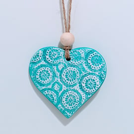 Clay heart hanging decoration, mint green, letterbox gift for her