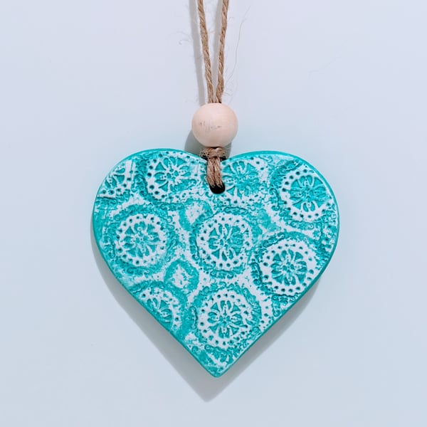 Mint green clay heart embossed hanging decoration, Mothers Day gift 