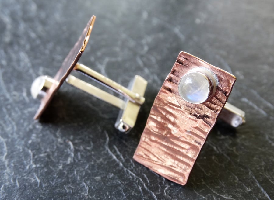 Copper, sterling silver and moonstone cufflinks
