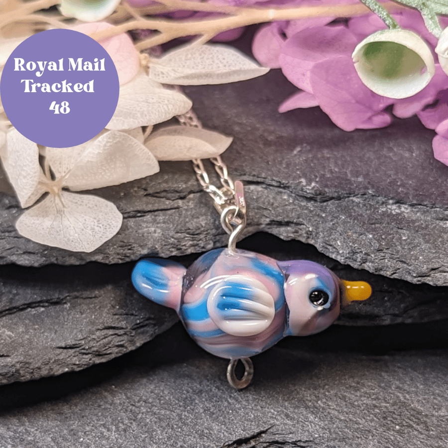 Pink and blue lampwork bird necklace