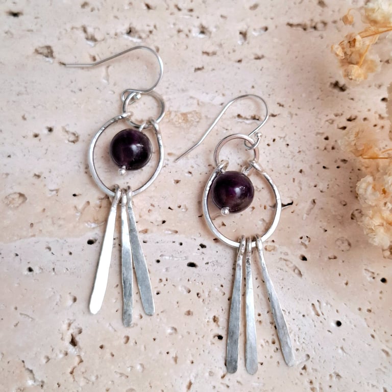 Hammered Fringe Earrings, Purple Amethyst Gemstone, Sterling Silver Jewellery