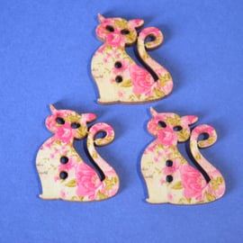 Wooden Cat Buttons Pink and Green 3pk 30x25mm Kitty Pussy Kitten (CT5)