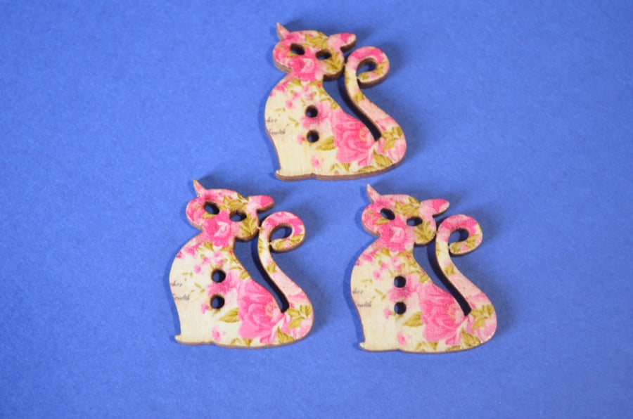 Wooden Cat Buttons Pink and Green 3pk 30x25mm Kitty Pussy Kitten (CT5)