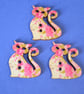 Wooden Cat Buttons Pink and Green 3pk 30x25mm Kitty Pussy Kitten (CT5) - Image 1