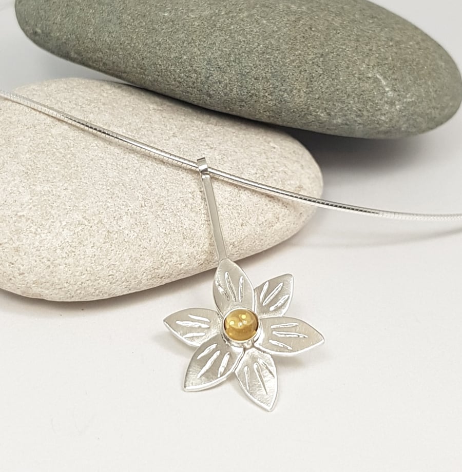 Sterling Silver Pendant Necklace - Citrine Flower Necklace