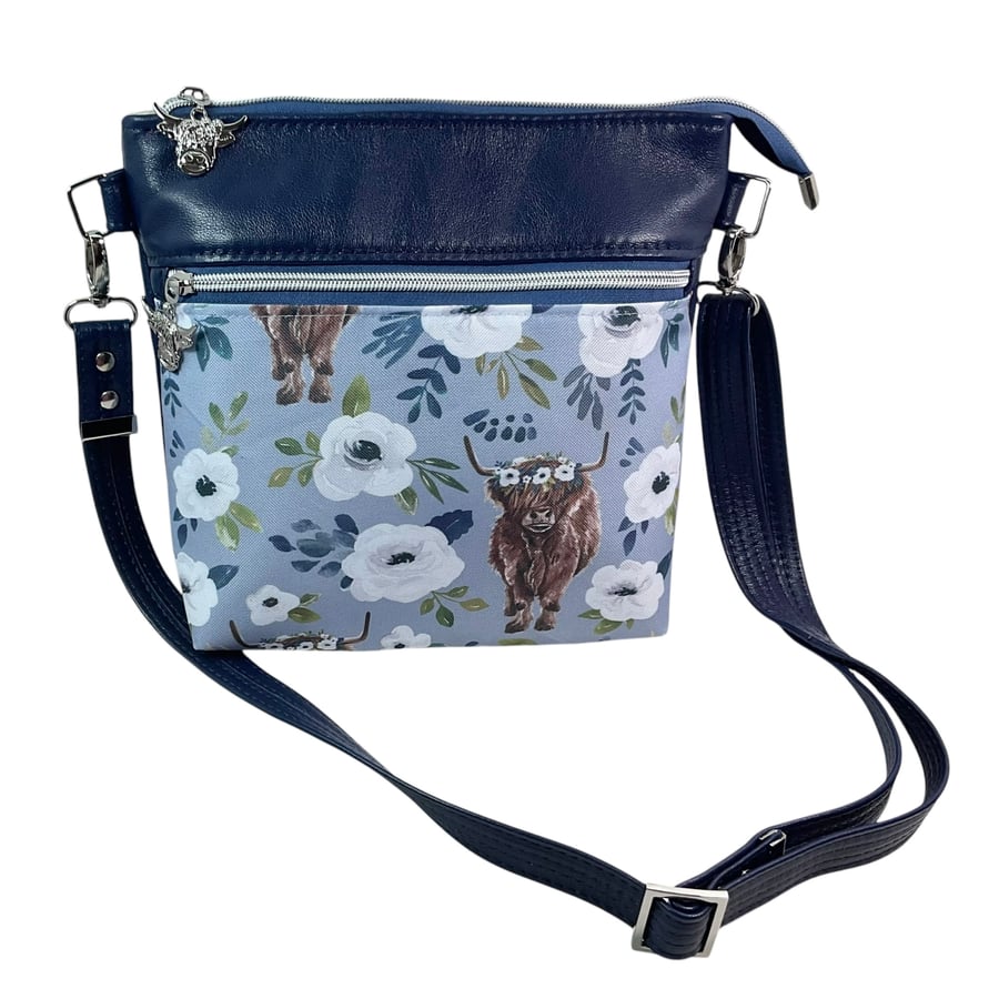 handbag in genuine Lambs Leather and cow print water resistant canvas, medium 