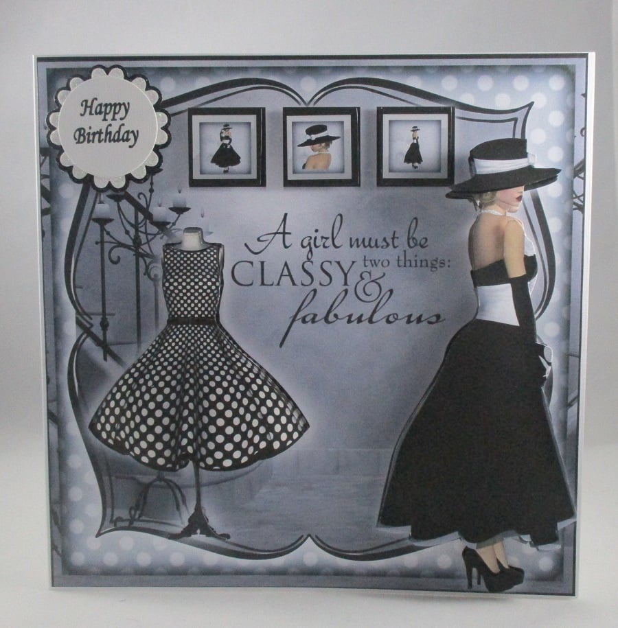 Decoupage,3D,large birthday card,elegant lady,black and white,personalise
