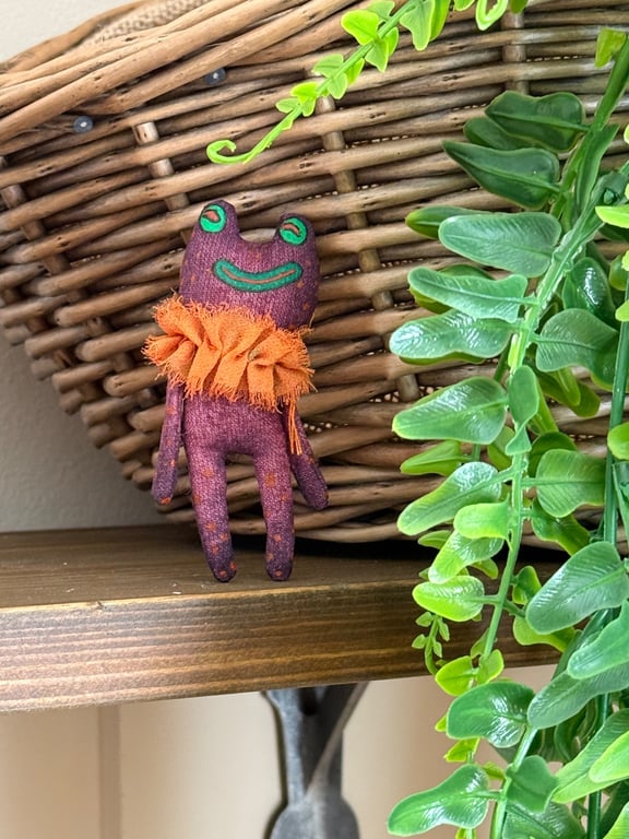 Hand Painted Miniature Frog Art Doll in Purple