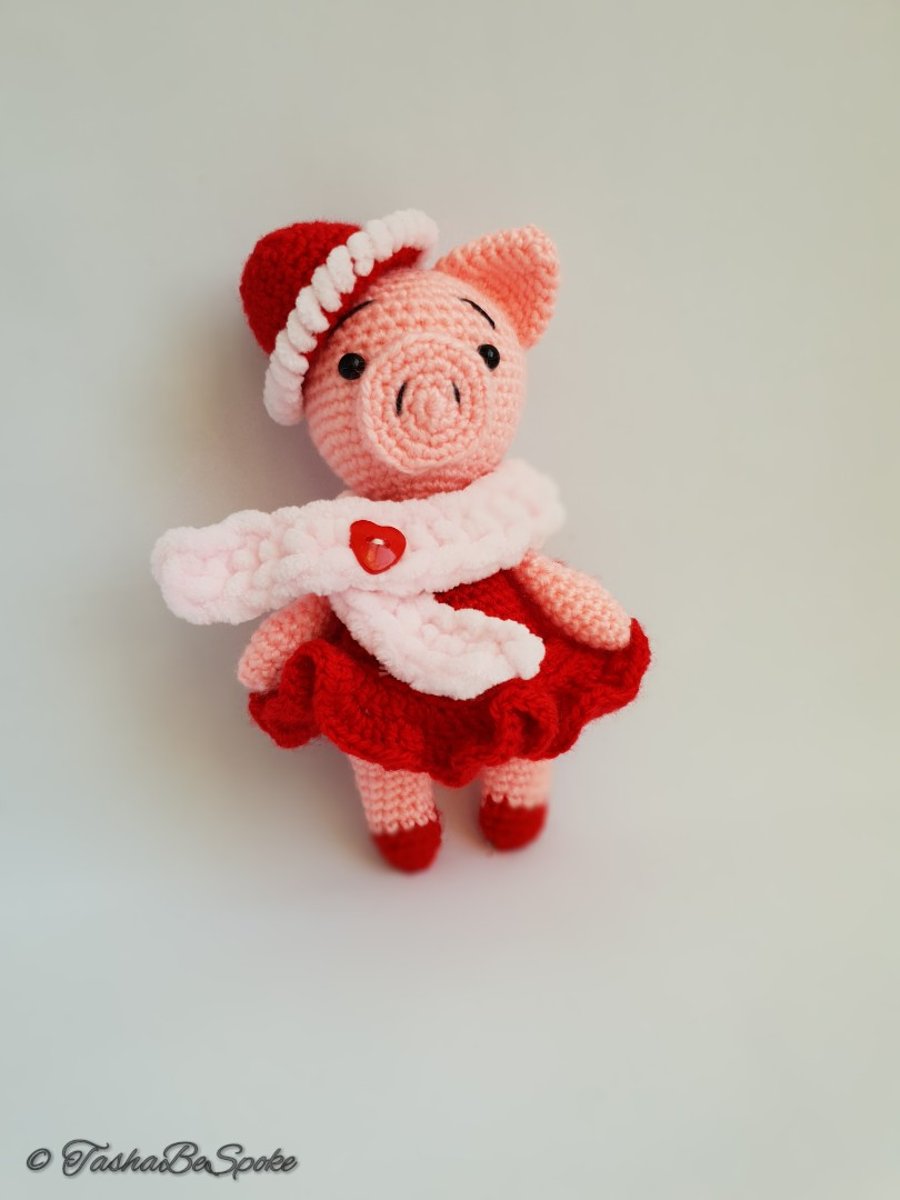 Crochet piggy toy, Plush piggy doll, Amigurumi toy, Piglet in a red dress 