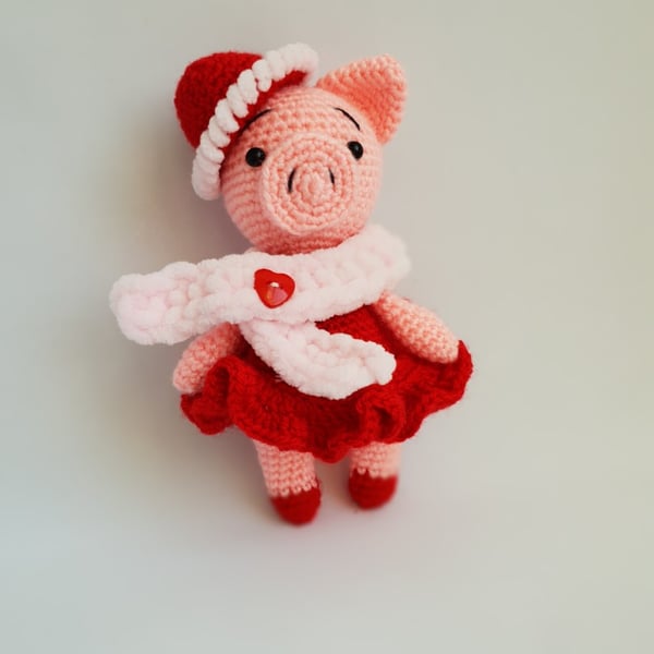 Crochet piggy toy, Plush piggy doll, Amigurumi toy, Piglet in a red dress 