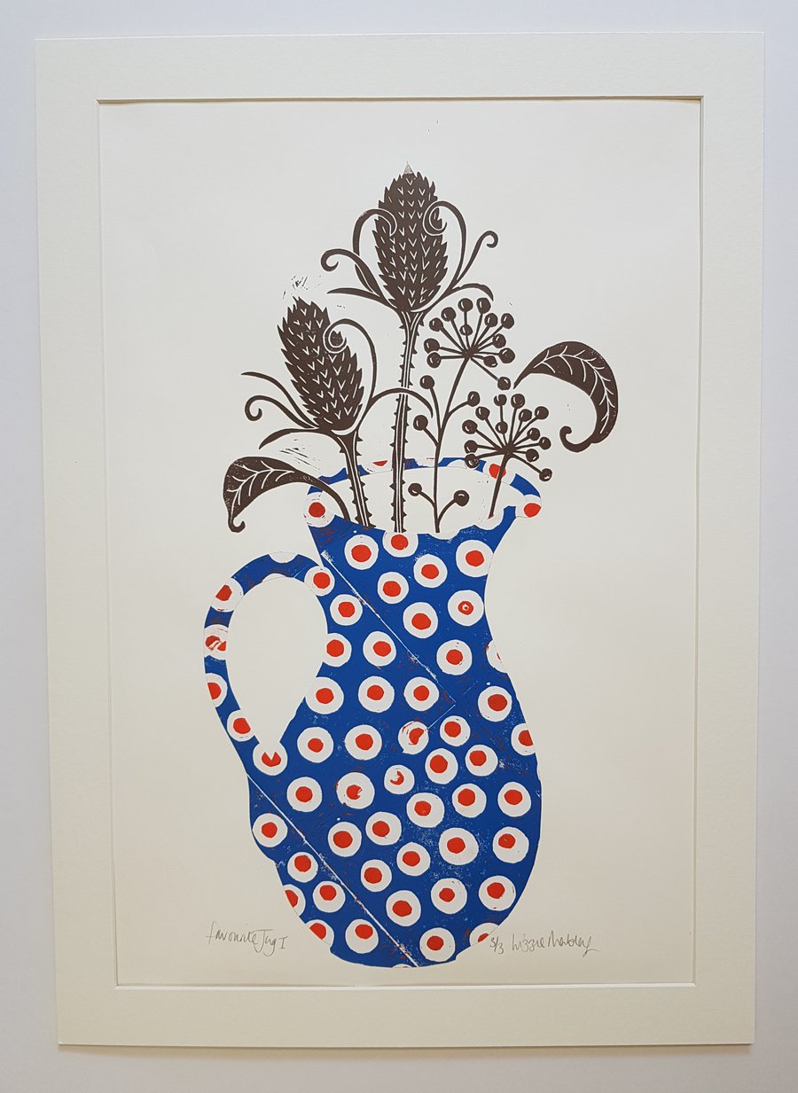 Large blue spotty jug with seed heads mounted print