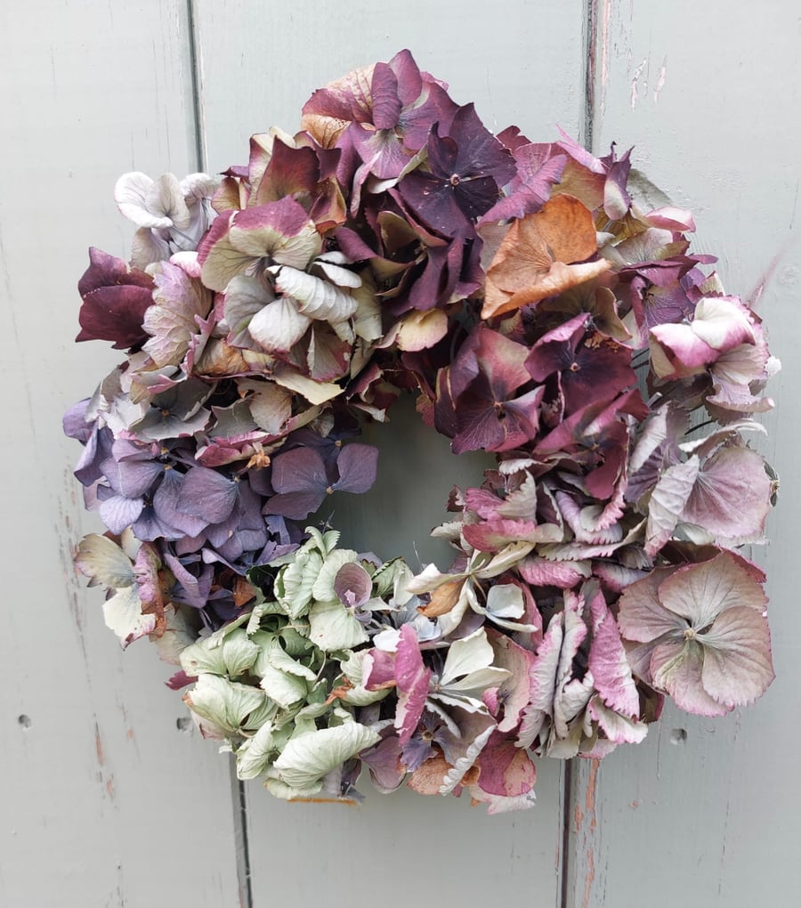 Small Dried Hydrangea Wreath. 17cm Diameter. Handmade.