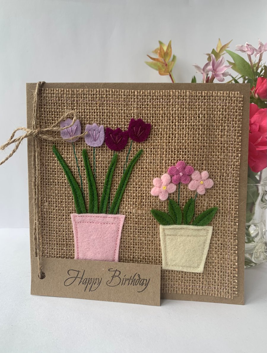 Handmade Birthday Card. Pots of flowers from wool felt. Keepsake.