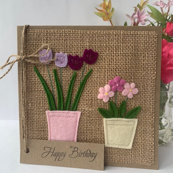 Handmade Birthday Card. Pots of flowers from wool felt. Keepsake.