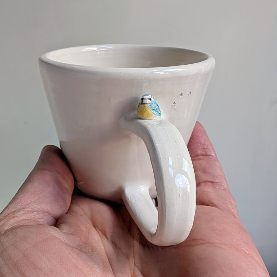 Handthrown ceramic bluetit espresso cup with tiny bird & prints gardeners gift