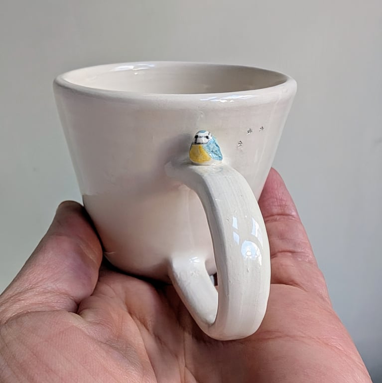 Handthrown ceramic bluetit espresso cup with tiny bird & prints gardeners gift