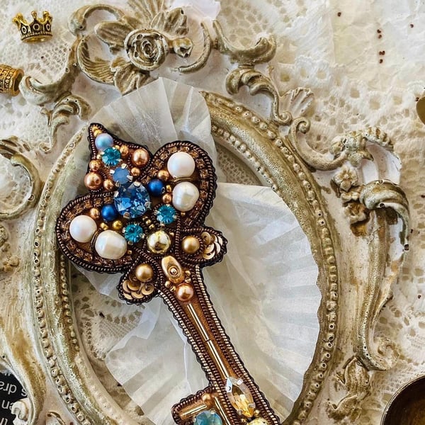 Handmade Beaded Key Brooch, Elegant Gold and Blue Pin, Vintage-Inspired Statemen