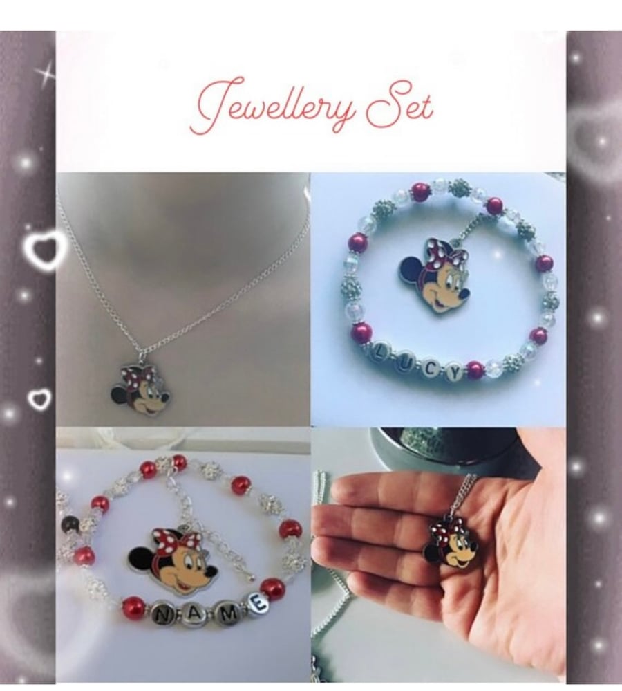 Jewellery set bracelet necklace personalised 16 inch Minnie Mouse necklace