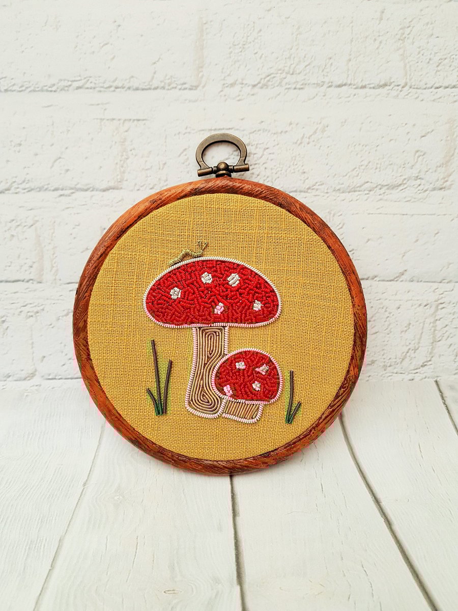 Goldwork Embroidery Mushroom Hoop, Goldwork Toadstool Hoop, Mushroom Wall Art, H