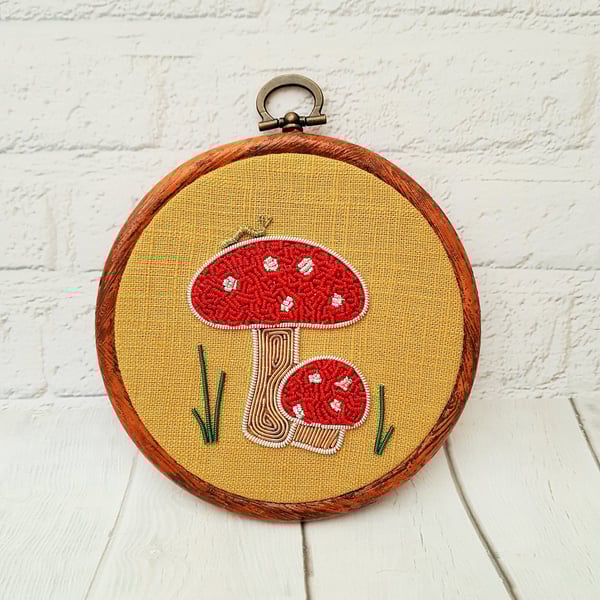 Goldwork Embroidery Mushroom Hoop, Goldwork Toadstool Hoop, Mushroom Wall Art, H