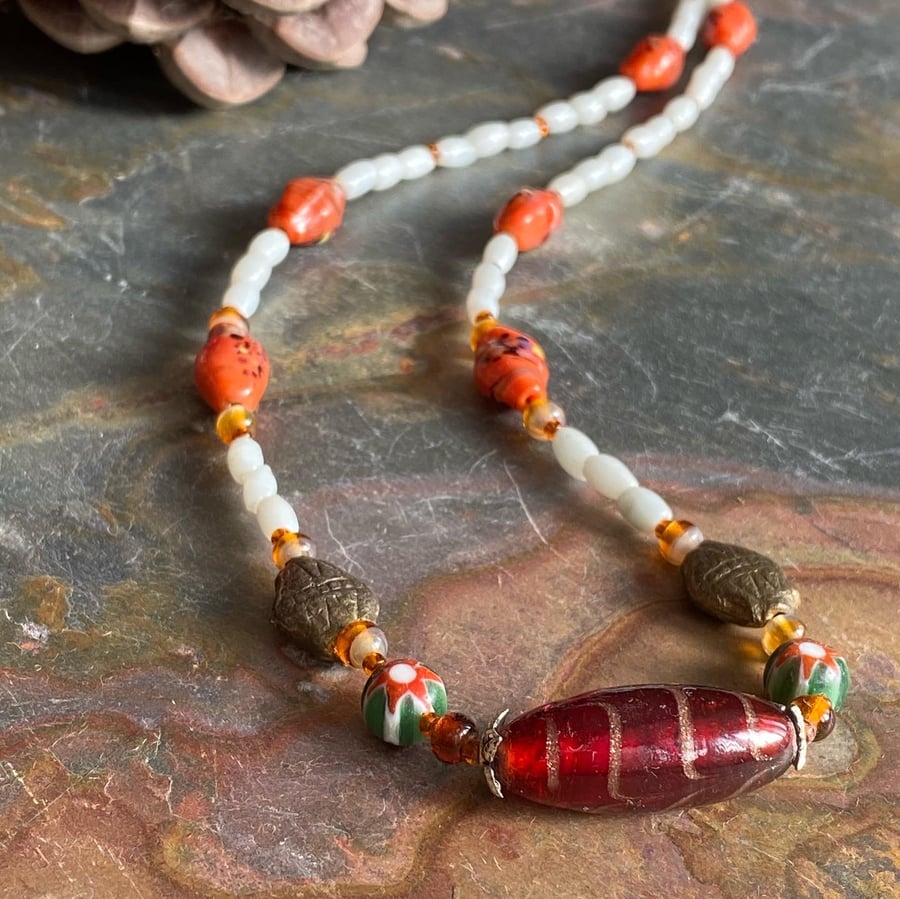Glass bead necklace with vintage beads in rich Folksy