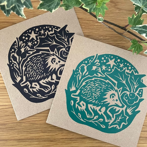 Winter Hedgehog Handprinted Greetings card 