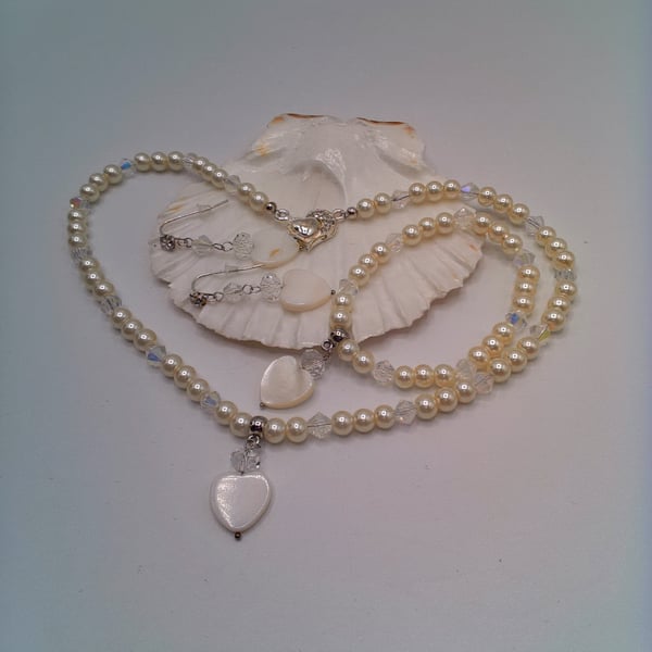 Cream Pearl Necklace Bracelet and Earrings With Shell Heart Beads, Gift for Her
