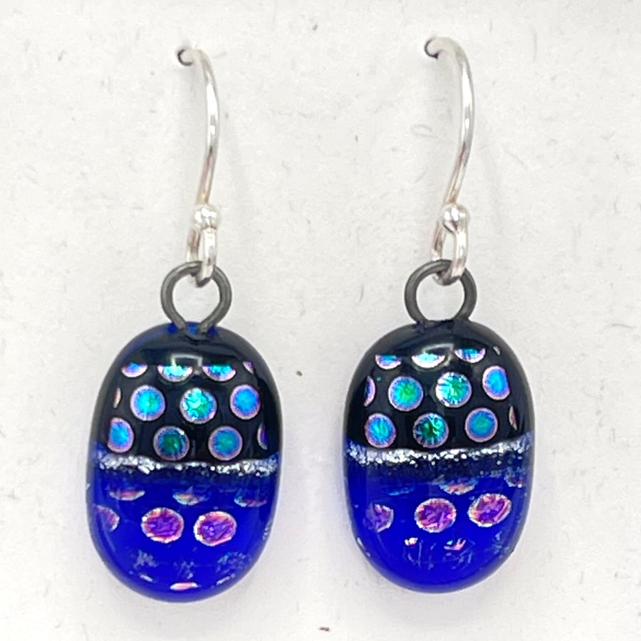 Deep Blue Spotty Fused Glass Drop Earrings
