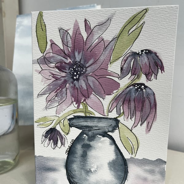 Flowers in vase hand painted watercolour card