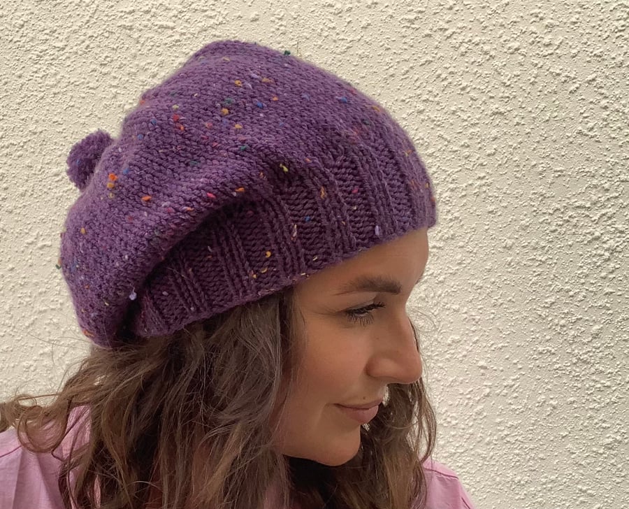 SLOUCH HAT  with pom-pom .'Delphine' . Wool blend .Purple.Tweed.
