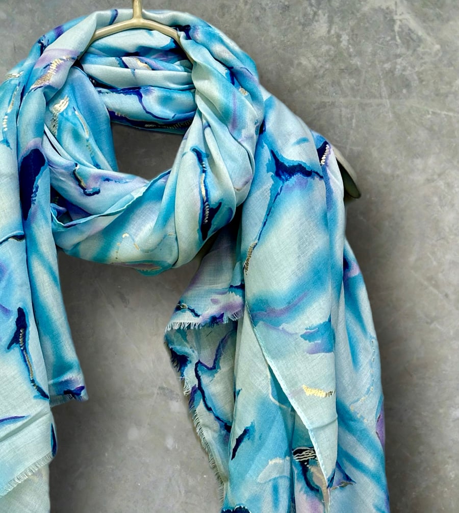 Abstract Light Blue Scarf With Gold Accents Cotton Blend Scarf for Women