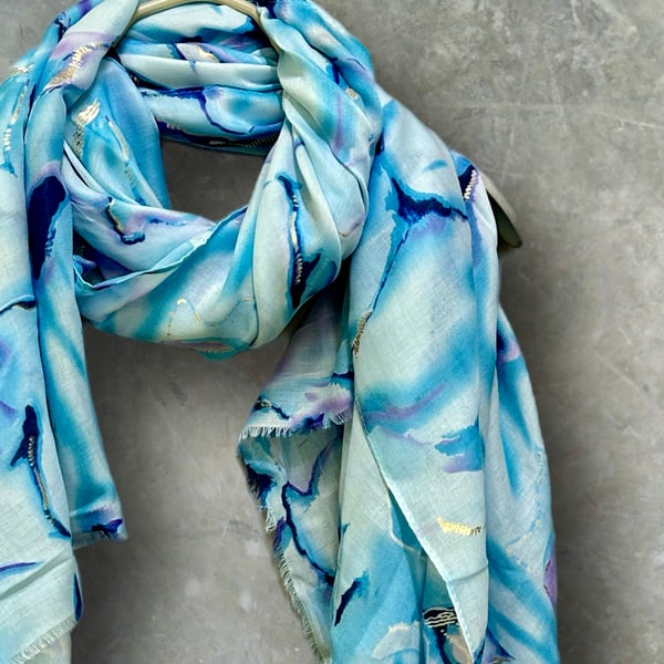 Abstract Light Blue Scarf With Gold Accents Cotton Blend Scarf for Women