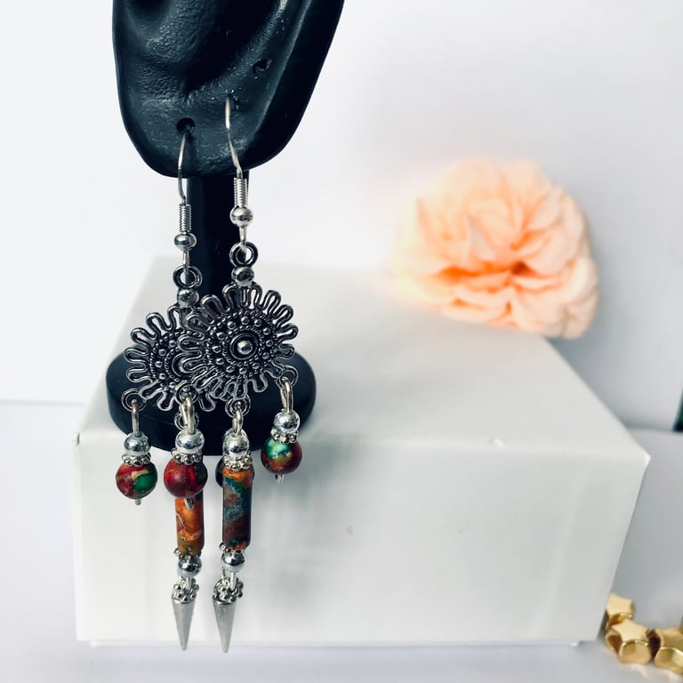  Silver Bohemian Earrings Semi Precious Natural Imperial Jasper, Freepost