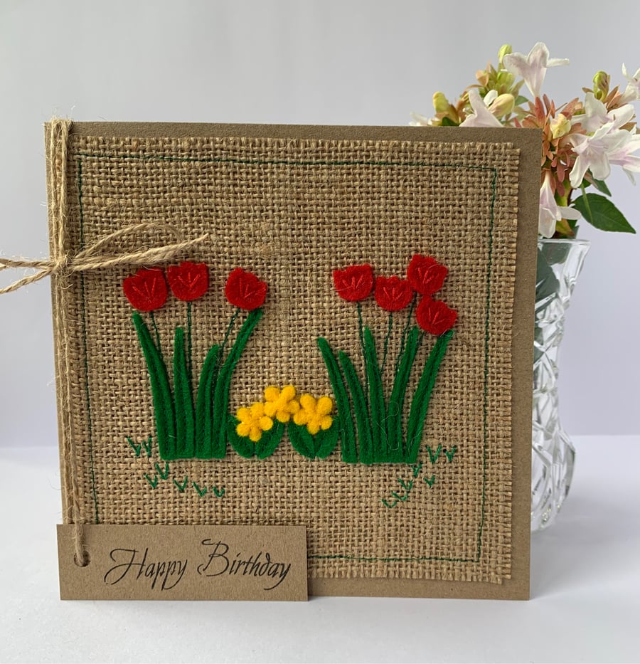 Handmade Birthday Card. Yellow and red flowers. Keepsake card. Wool felt.